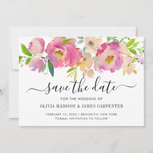 Save The Date Mariage floral moderne Blush rose pastel (Devant)