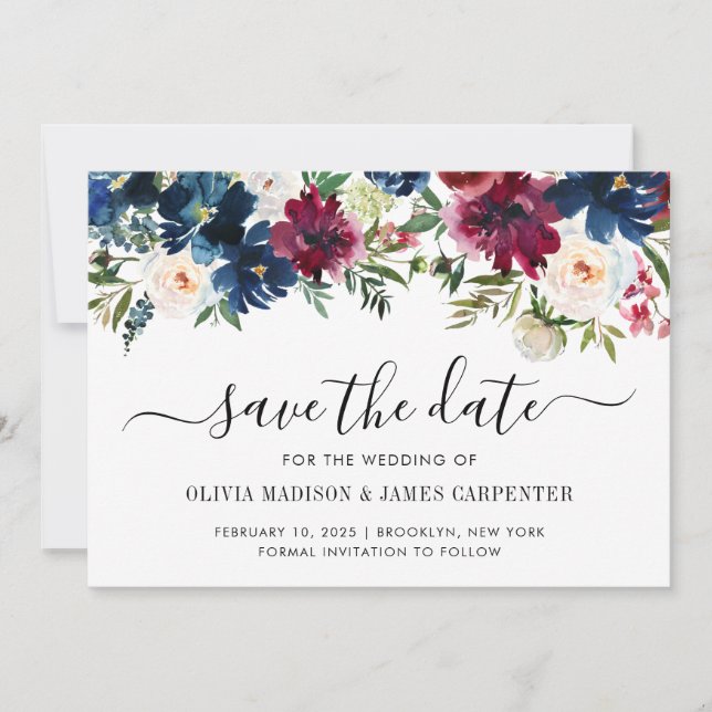 Save The Date Mariage Floral Moderne de Pivoine Rouge Bourgogne  (Devant)