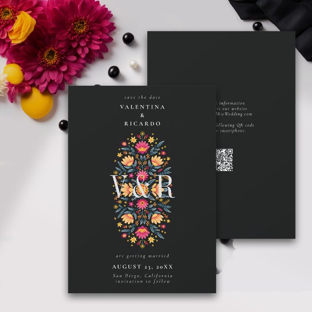 Save The Date Mariage Floral moderne mexicain élégant Rancho QR (mexican wedding save the date fiesta rancho mexico hacienda floral elegant modern qr code monograms)