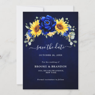 Save The Date Mariage Floral Moderne Tournesol Rustique Bleu Roy