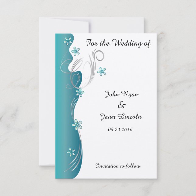 Save The Date Mariage floral moderne | Turquoise et argent (Devant)