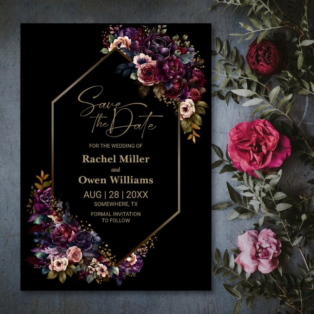 Save The Date Mariage floral moderne violet bordeaux noir (Créateur téléchargé)