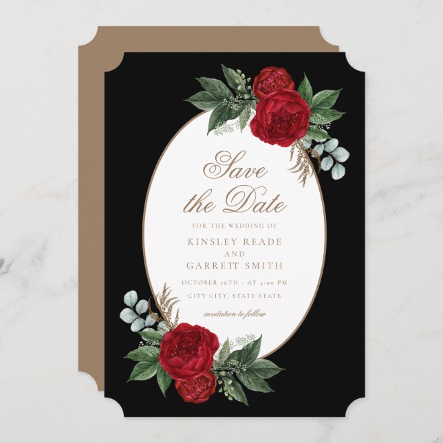 Save The Date Mariage floral noir & blanc élégant moderne (Devant / Derrière)