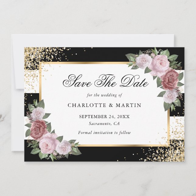Save The Date Mariage floral noir blanc or rose (Devant)