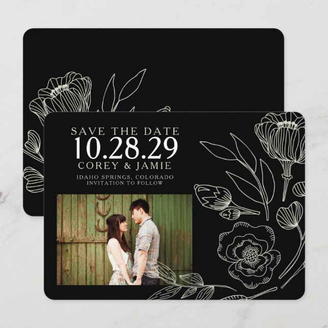 Save The Date Mariage floral noir élégant (Devant / Derrière)