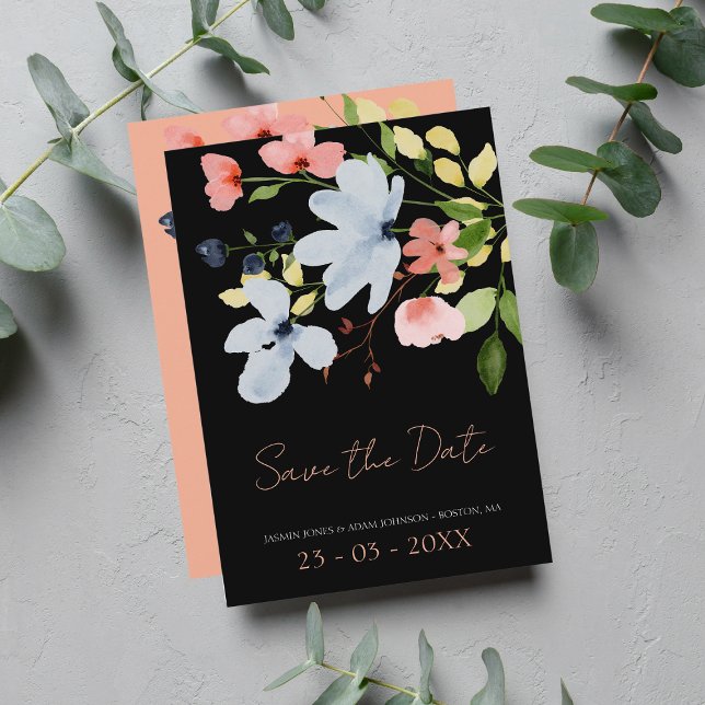 Save The Date Mariage floral noir et rose simple Boho (Créateur téléchargé)