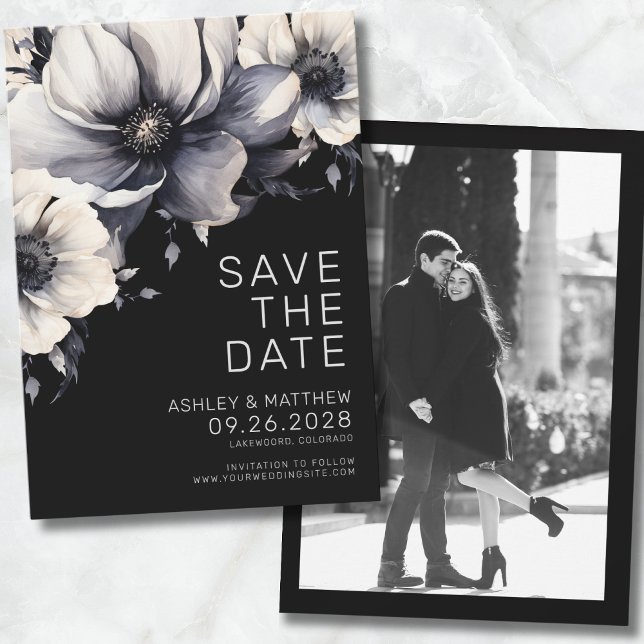 Save The Date Mariage Floral Noir moderne (Photo Chic Modern Elegant Black Floral Wedding Save The Date)