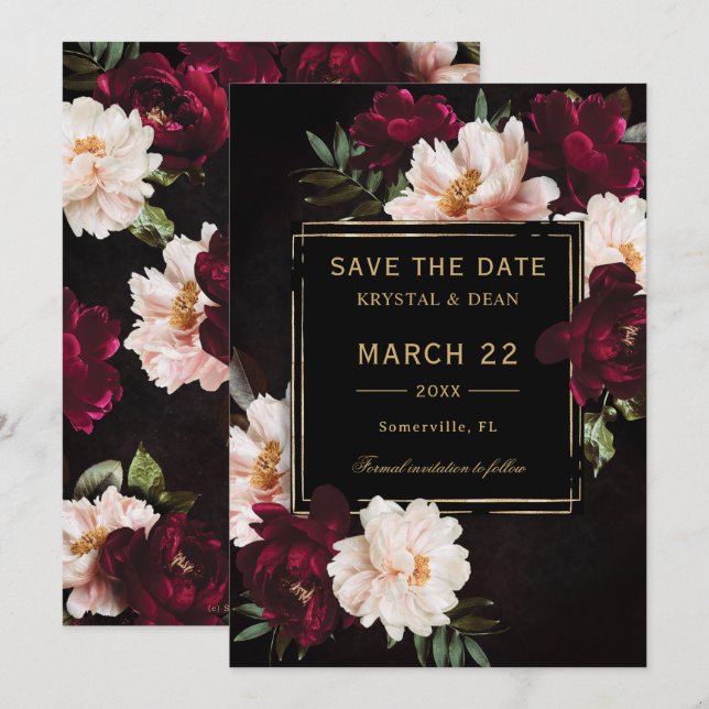 Save The Date Mariage floral noir noir foncé Moody Bourgogne (Devant / Derrière)