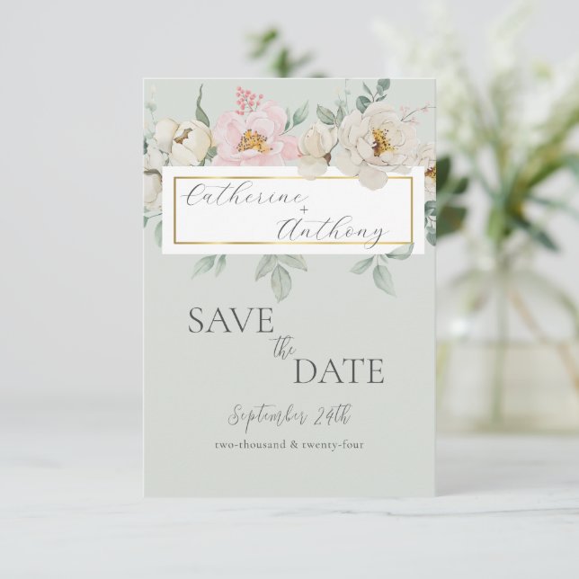 Save The Date Mariage Floral Or Moderne Vert  (Debout devant)