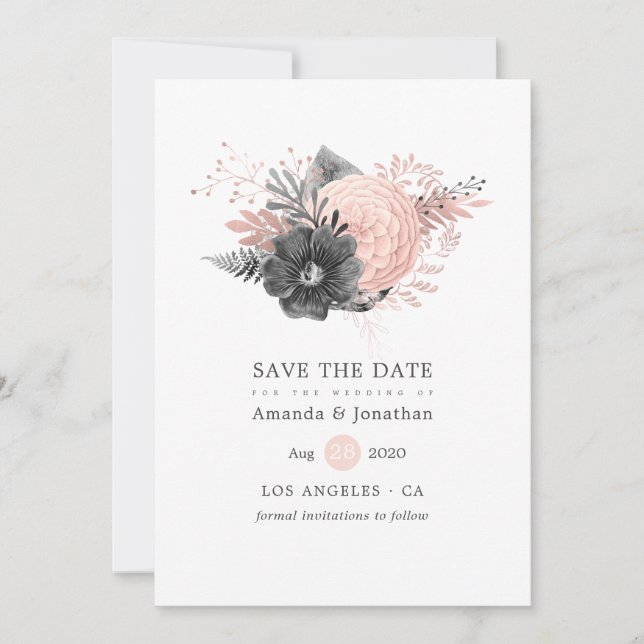 Save The Date Mariage floral pastel rose et charbon (Devant)