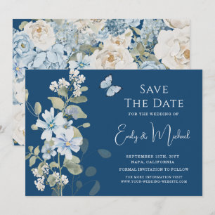 Save The Date Mariage Floral Poussiéreux Bleu Romantique