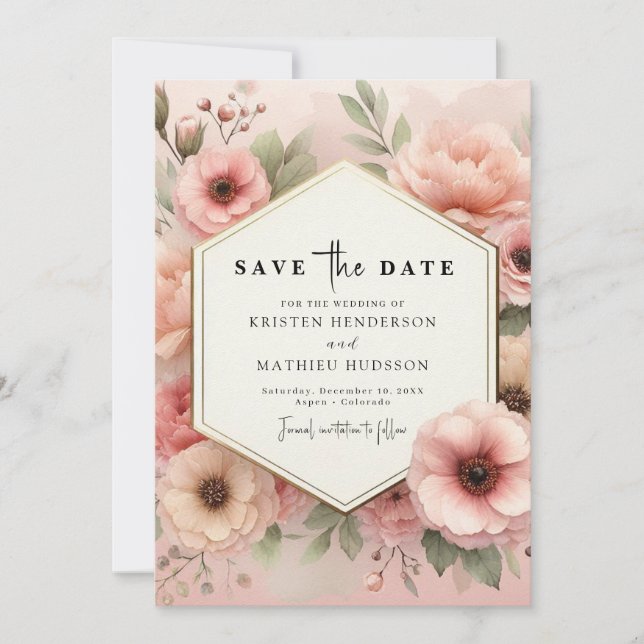 Save The Date Mariage floral rose d'aquarelle simple (Devant)