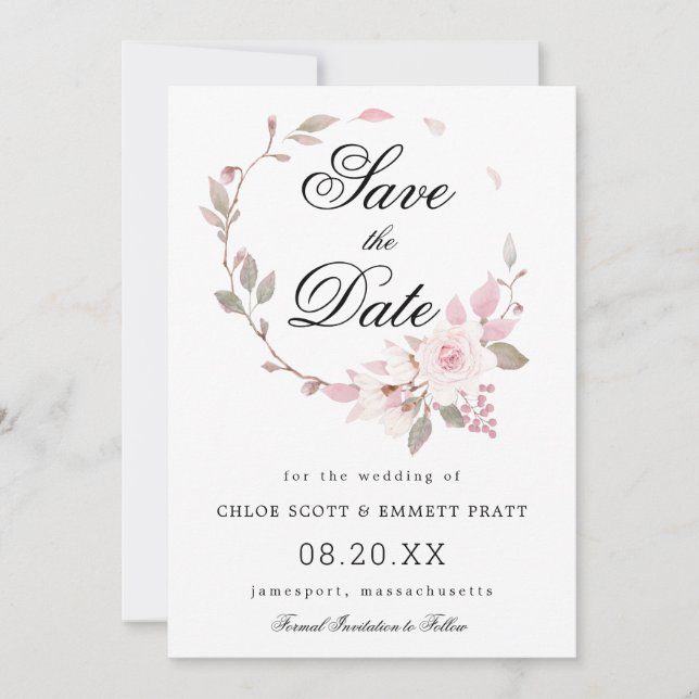 Save The Date Mariage floral rose et blanc (Devant)