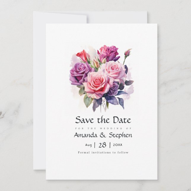 Save The Date Mariage floral rose et violet (Devant)