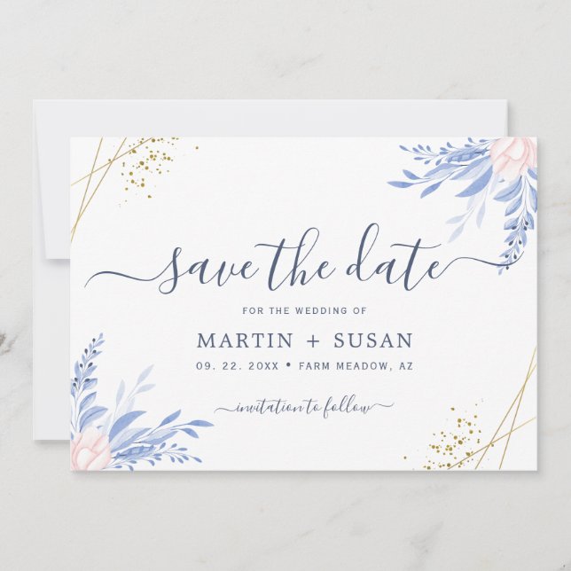 Save The Date Mariage floral rose géométrique bleu Dusty (Devant)