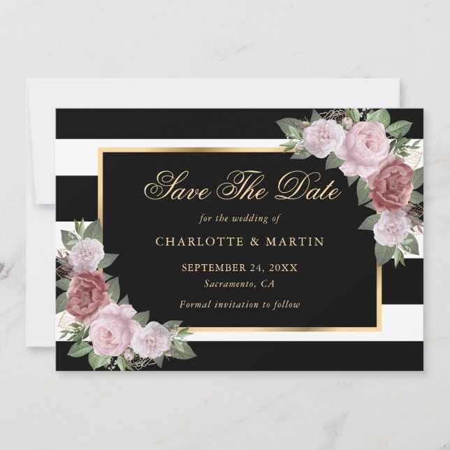 Save The Date Mariage floral rose noir bleu or (Devant)
