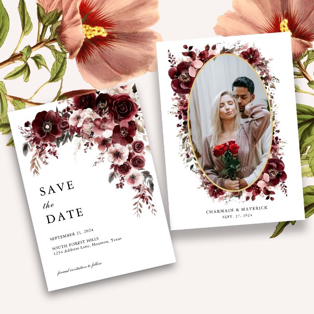 Save The Date Mariage floral rose rouge élégant de Bourgogne (Créateur téléchargé)