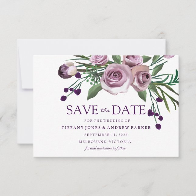 Save The Date Mariage Floral Rose Violet Élégant (Devant)