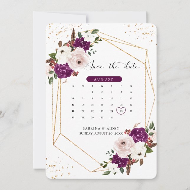 Save The Date Mariage floral rose violet géométrique (Devant)
