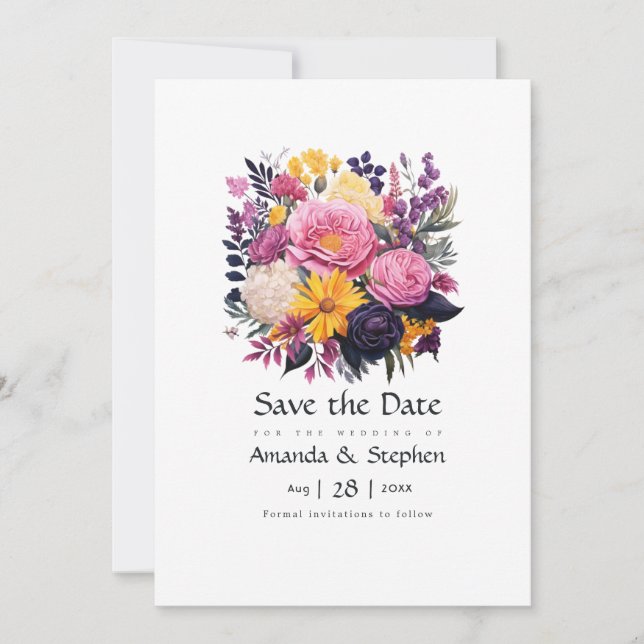 Save The Date Mariage floral rose, violet, noir et or (Devant)