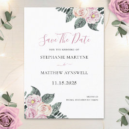 Save The Date Mariage Floral Roses Aquarelle Poudrées Rose Foncé