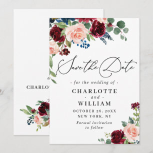 Save The Date Mariage Floral Roses Fleurs Navy Teinte Bourgogne