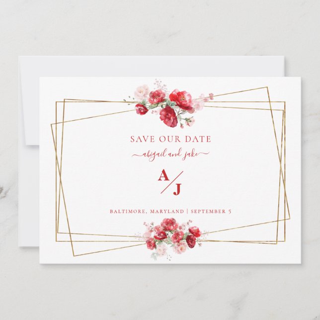 Save The Date Mariage Floral Rouge & Blush Enregistrer notre dat (Devant)