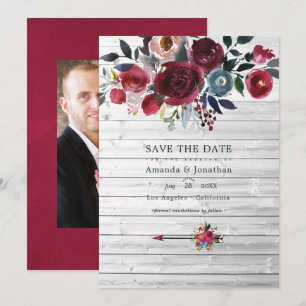 Save The Date Mariage Floral Rustique Boho Chic Bourgogne et Mar