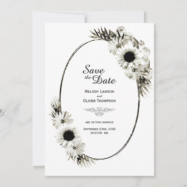 Save The Date Mariage floral rustique de tournesol noir et blanc (Devant)