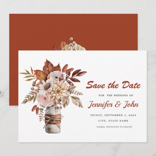 Save The Date Mariage Floral Rustique Terracotta d'Automne (Devant / Derrière)