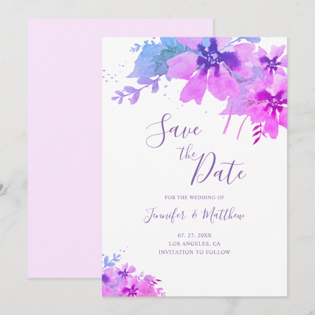 Save The Date Mariage floral violet romantique Enregistrer la ca (Devant / Derrière)