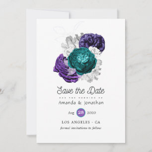 Save The Date Mariage floral violet rustique et turquoise