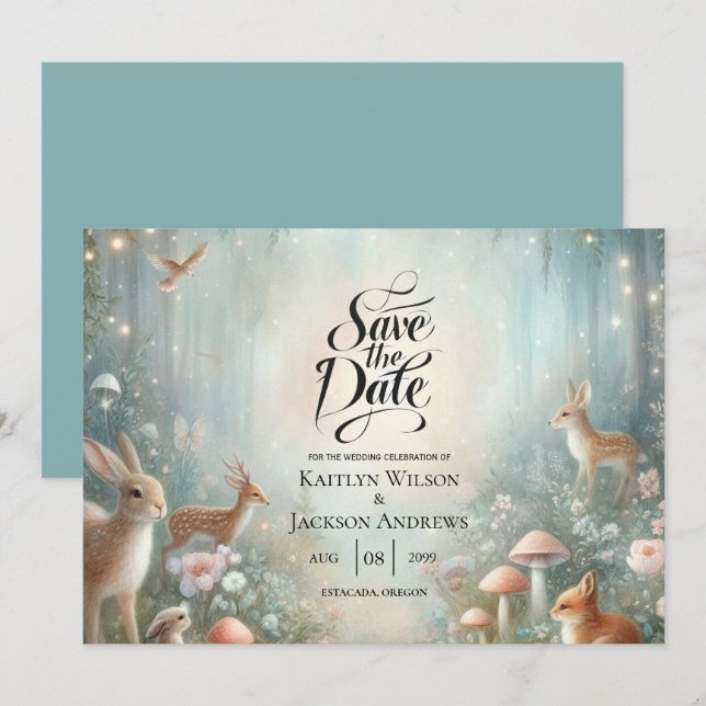 Save The Date Mariage forestier turquoise et de pêche enchantée (Devant / Derrière)