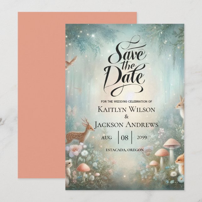 Save The Date Mariage forestier turquoise et de pêche enchantée (Devant / Derrière)