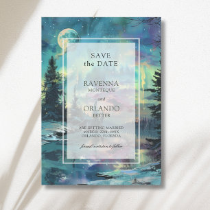 Save The Date Mariage forêt lac sous la lune de Noël Aurore boré
