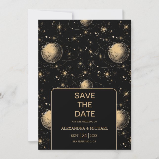 Save The Date Mariage Galaxie Céleste Or Noir Mystique (Devant)