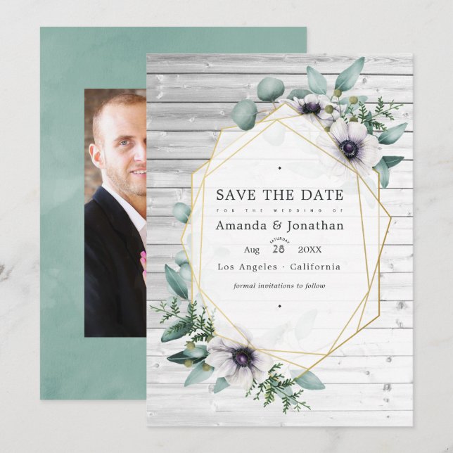 Save The Date Mariage géométrique à l'anémone d'eucalyptus rusti (Devant / Derrière)