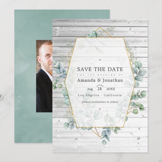 Save The Date Mariage géométrique à l'aquarelle rustique eucalyp (Devant / Derrière)