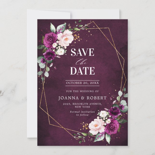 Save The Date Mariage géométrique bohème Rose Fushia prune Pourp (Devant)