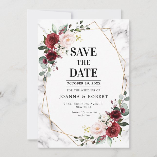 Save The Date Mariage géométrique de marbre floral de Bourgogne (Devant)