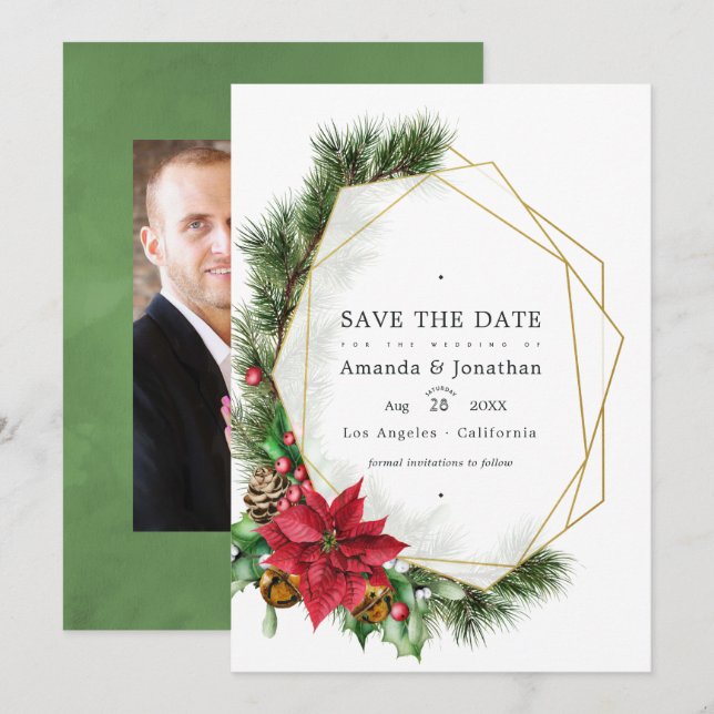 Save The Date Mariage géométrique de Noël floral aquarelle (Devant / Derrière)