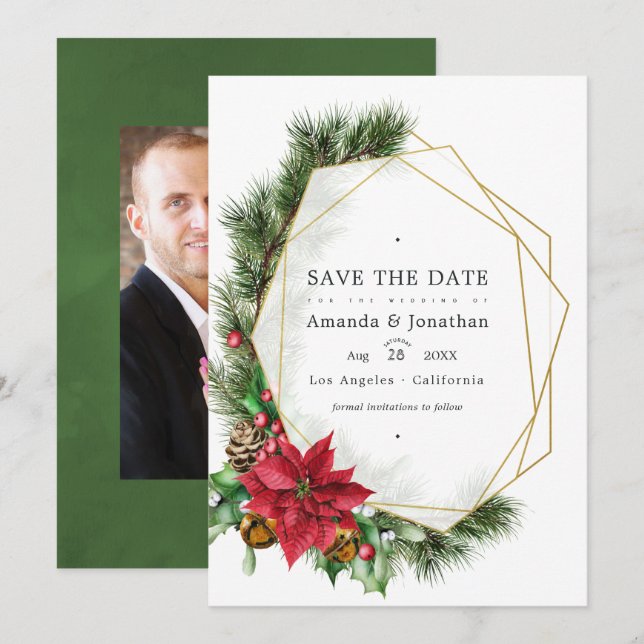 Save The Date Mariage géométrique floral à l'aquarelle de Noël (Devant / Derrière)