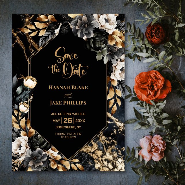 Save The Date Mariage géométrique Floral d'or noir (Créateur téléchargé)