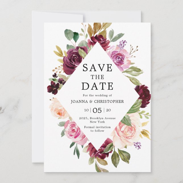 Save The Date Mariage géométrique floral rose fuchsia pourpre pr (Devant)
