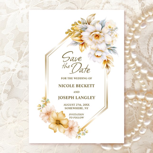 Save The Date Mariage géométrique florale d'or blanc Enregistrer (Créateur téléchargé)