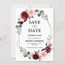 Save The Date Mariage Géométrique Moderne Floral Rouge-Bourgogne