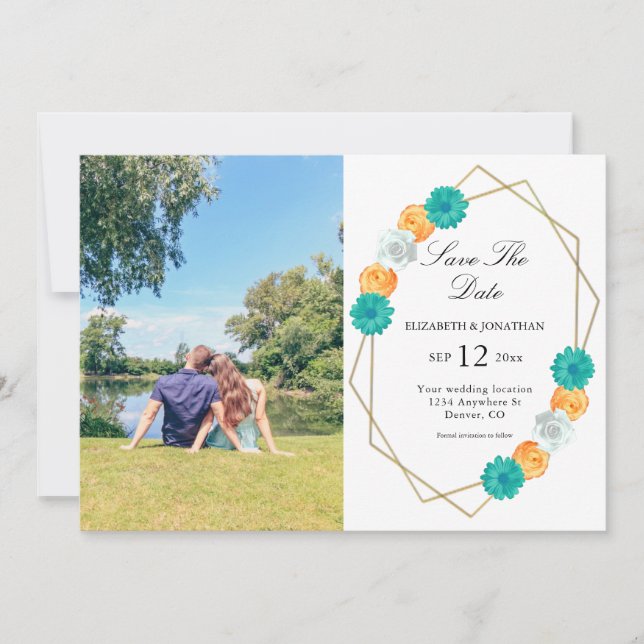 Save The Date Mariage géométrique Turquoise orange (Devant)