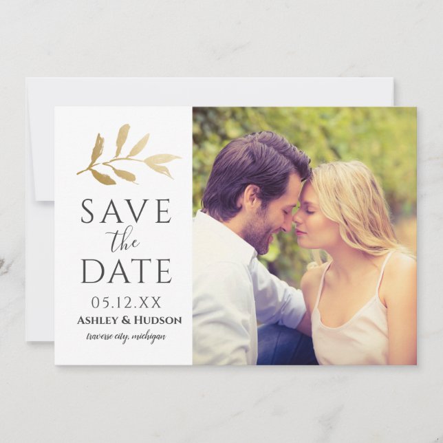 Save The Date Mariage Gold Branch Photo White (Devant)