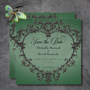 Save The Date Mariage gothique à cœur filigrané noir et vert