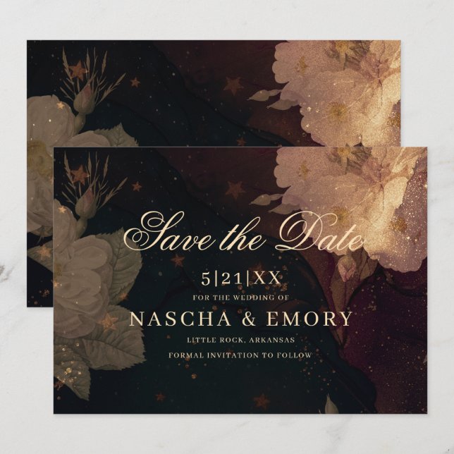 Save The Date Mariage gothique élégant rouge foncé Floral Boho (Devant / Derrière)